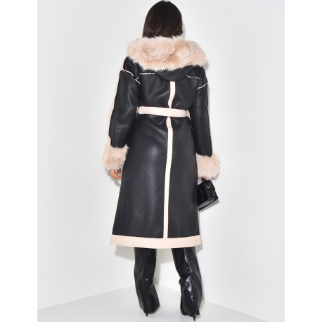 Manteau en similicuir à fourrure et capuche