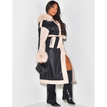 Manteau en similicuir à fourrure et capuche