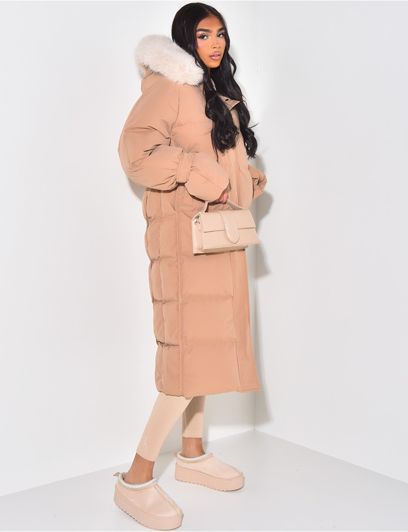 Long down jacket with fur hood