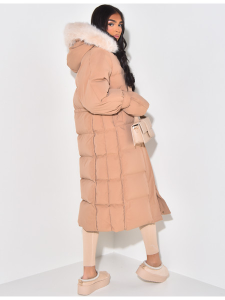 Long down jacket with fur hood