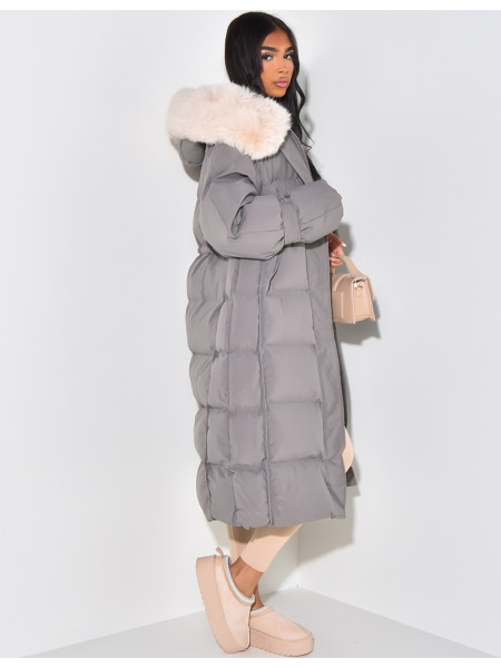 Long down jacket with fur hood