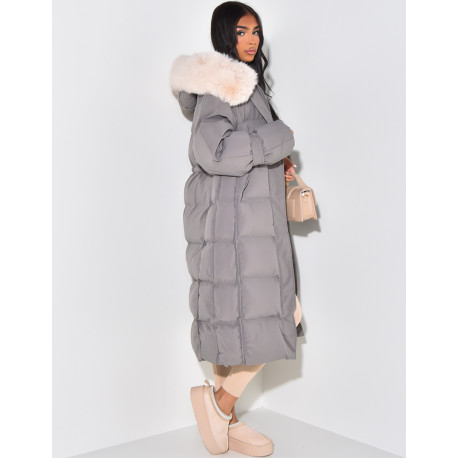 Long down jacket with fur hood