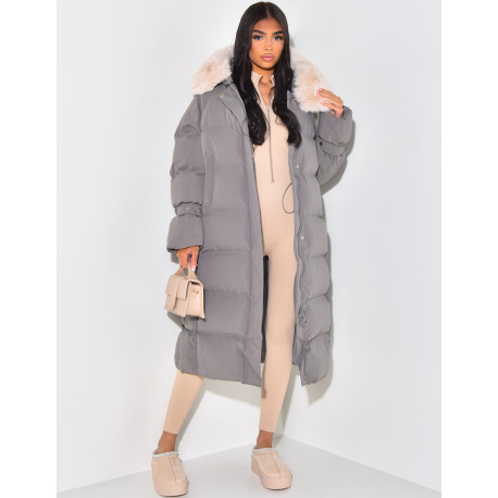 Long down jacket with fur hood