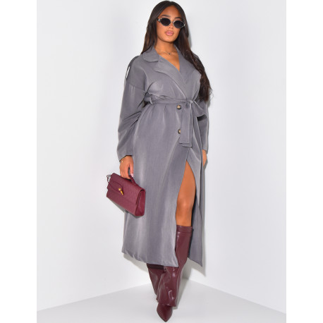 Very long flowing trench coat to tie at the waist