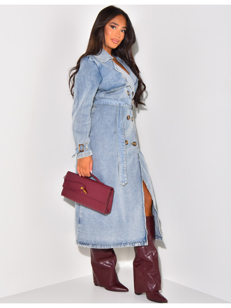 Oversized jeans trench coat with tie