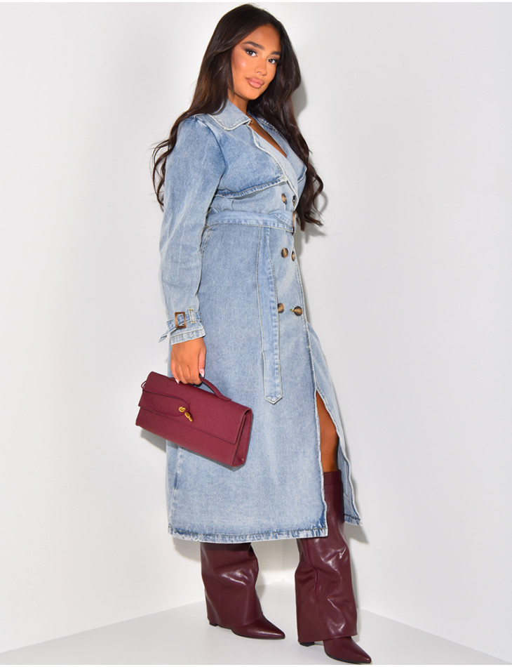 Oversized jeans trench coat with tie