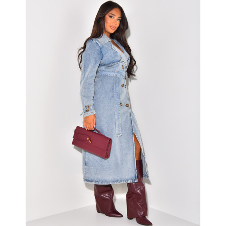 Oversized jeans trench coat with tie