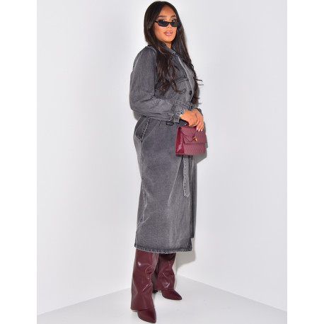 Oversized jeans trench coat with tie