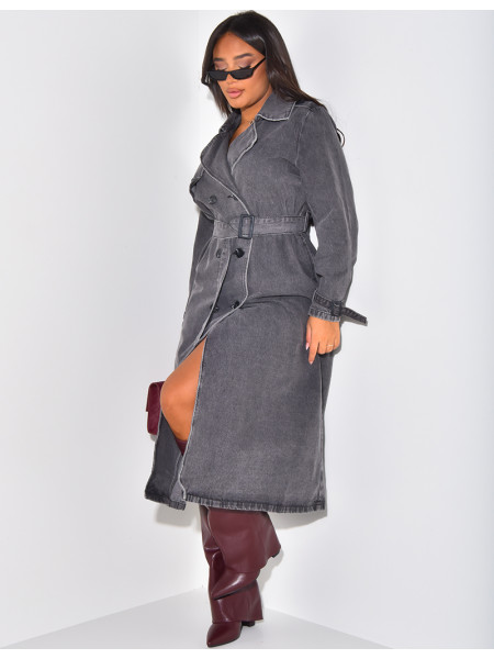 Oversized jeans trench coat with tie