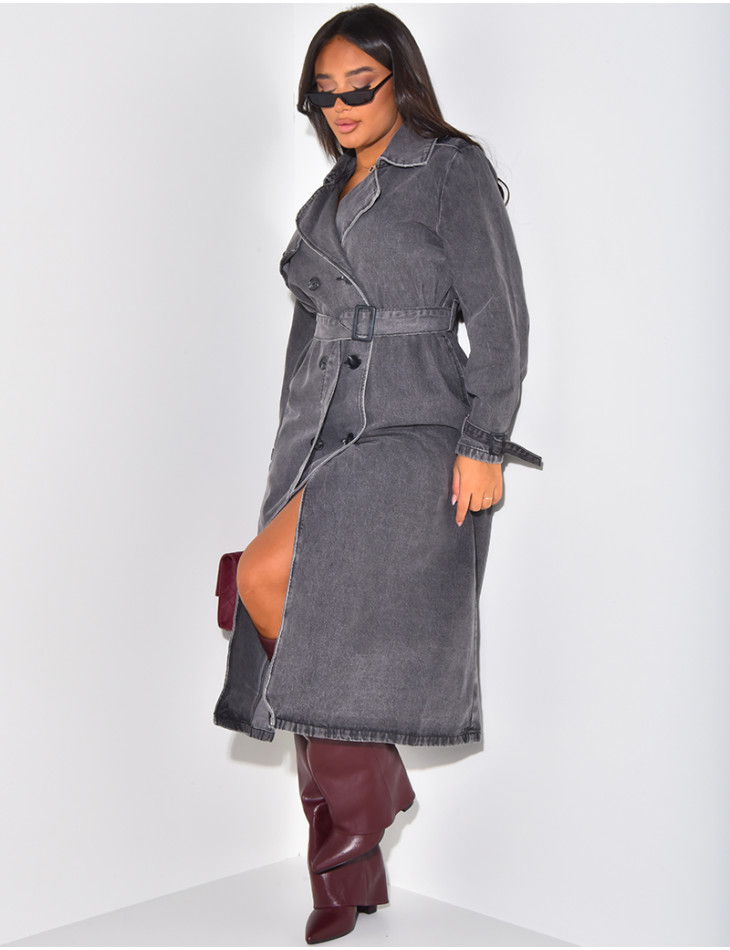 Oversized jeans trench coat with tie