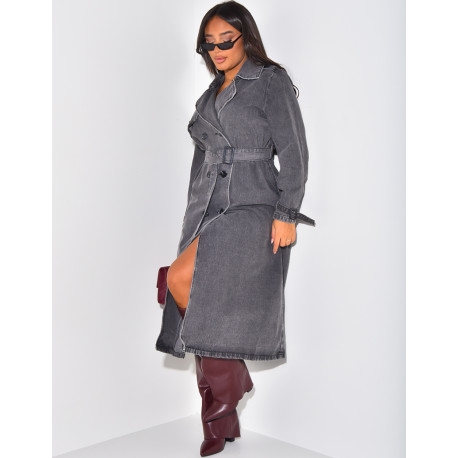 Oversized jeans trench coat with tie