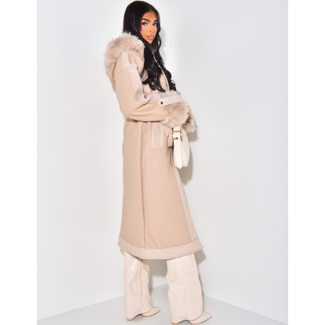 Manteau en similicuir à fourrure et capuche