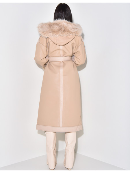Manteau en similicuir à fourrure et capuche