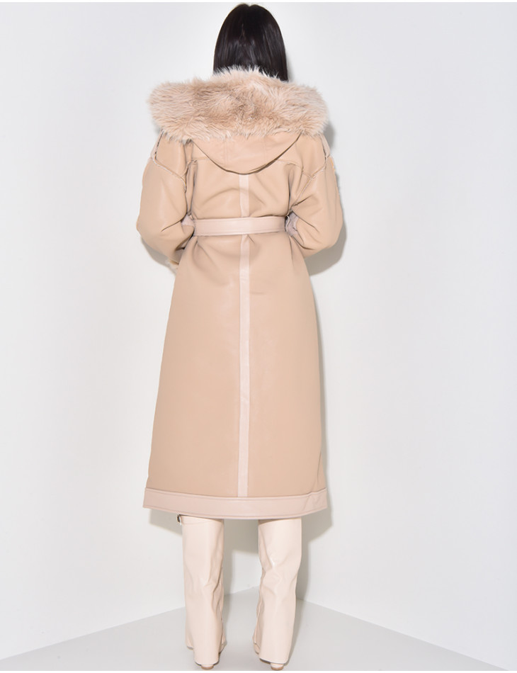 Manteau en similicuir à fourrure et capuche
