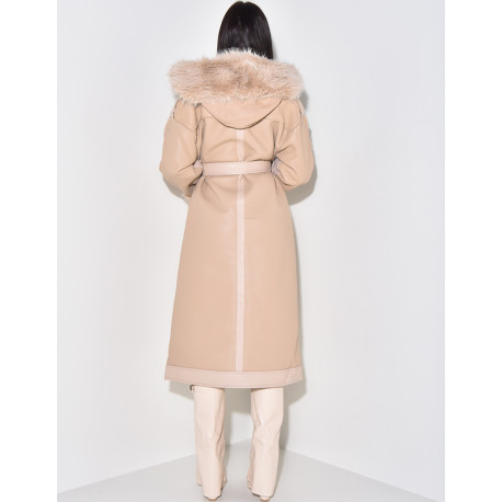 Manteau en similicuir à fourrure et capuche