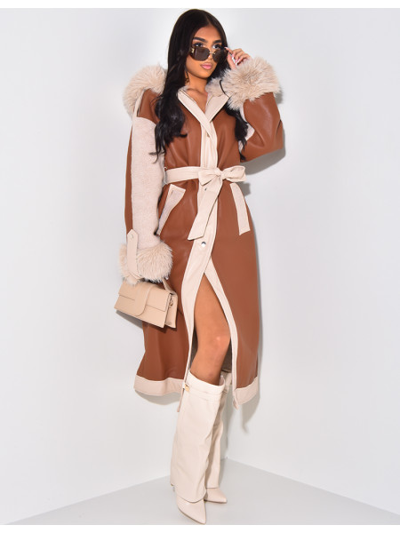 Manteau en similicuir à fourrure et capuche