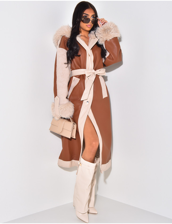 Manteau en similicuir à fourrure et capuche