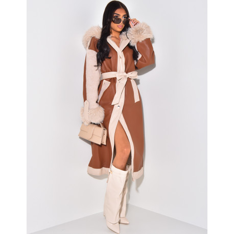 Manteau en similicuir à fourrure et capuche