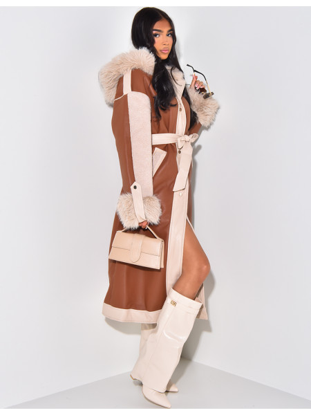 Manteau en similicuir à fourrure et capuche