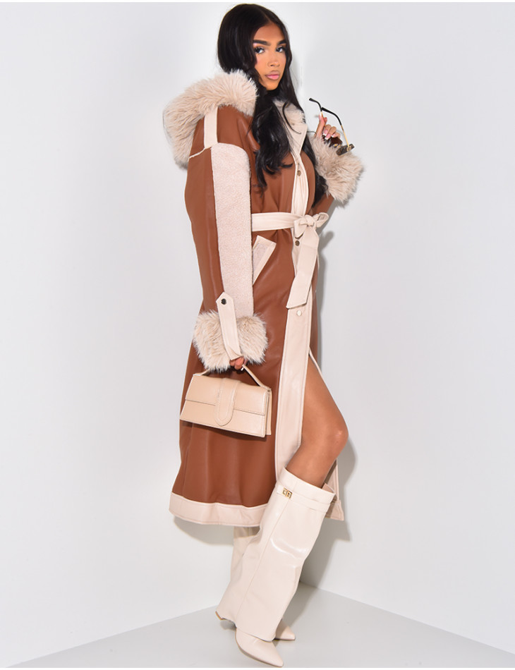 Manteau en similicuir à fourrure et capuche