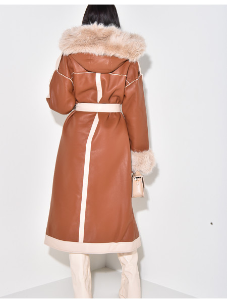 Manteau en similicuir à fourrure et capuche