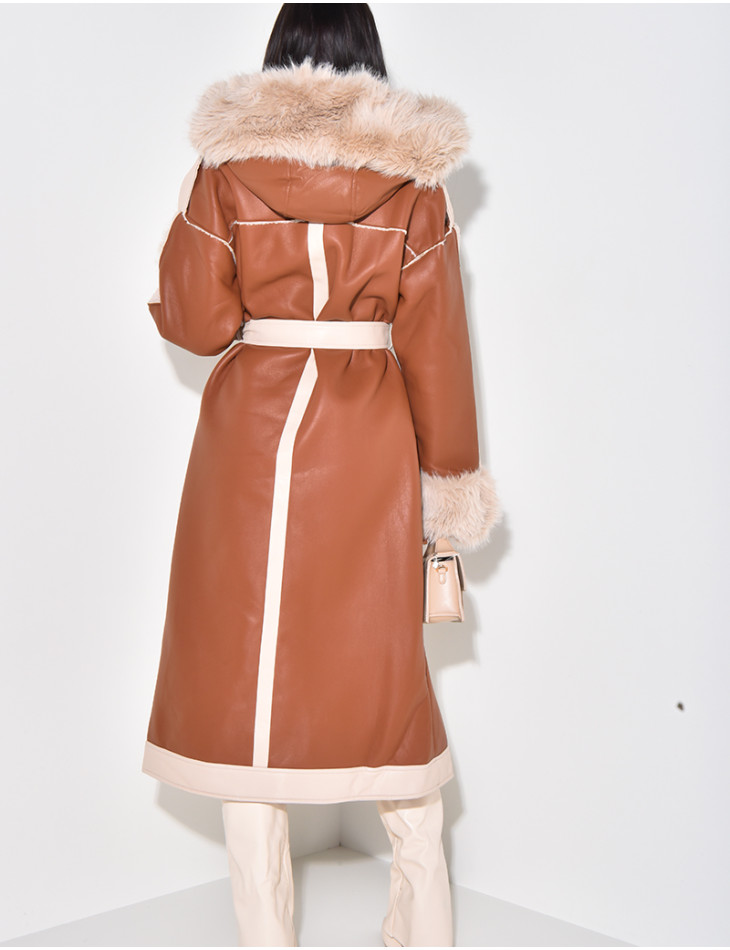 Manteau en similicuir à fourrure et capuche