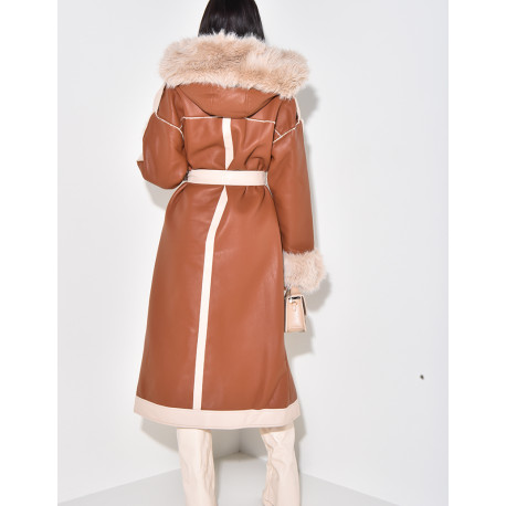 Manteau en similicuir à fourrure et capuche