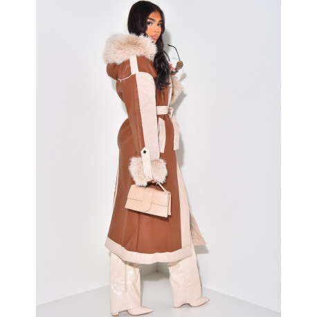 Manteau en similicuir à fourrure et capuche