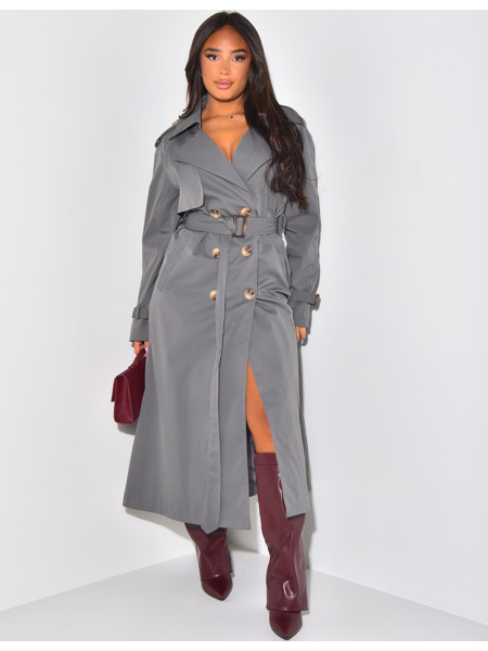 Very long trench coat to tie at the waist
