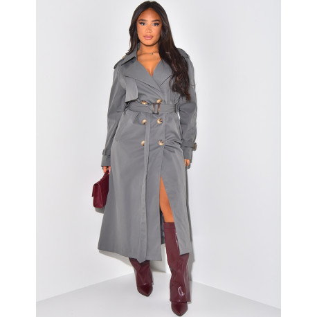Very long trench coat to tie at the waist