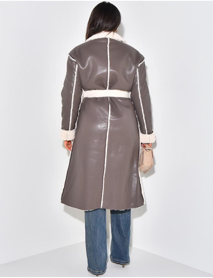 Faux Leather Coat with Faux Fur