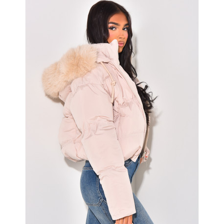 Short down jacket with fur hood