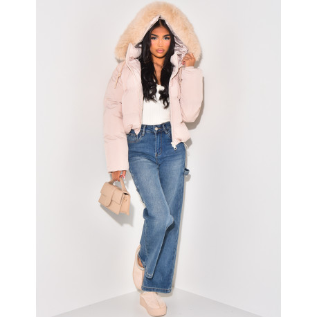 Short down jacket with fur hood