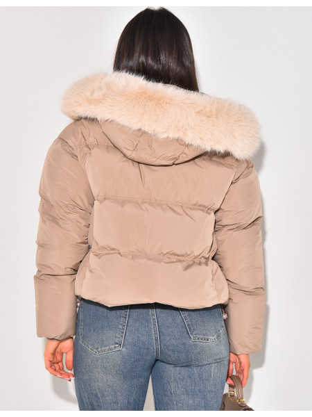 Short down jacket with fur hood