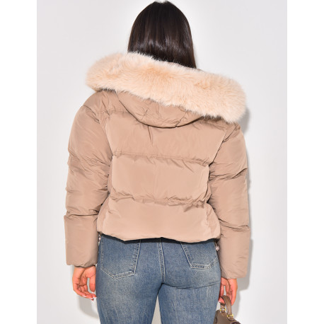 Short down jacket with fur hood