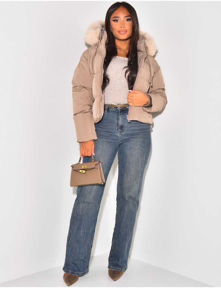 Short down jacket with fur hood