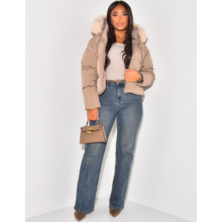 Short down jacket with fur hood