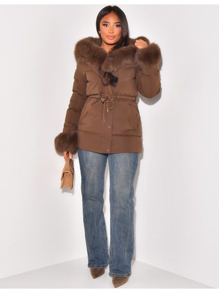 Short down jacket with fur hood