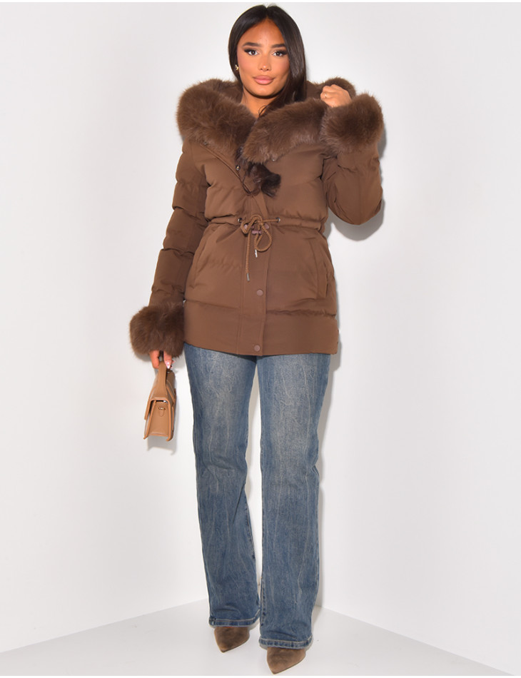Short down jacket with fur hood