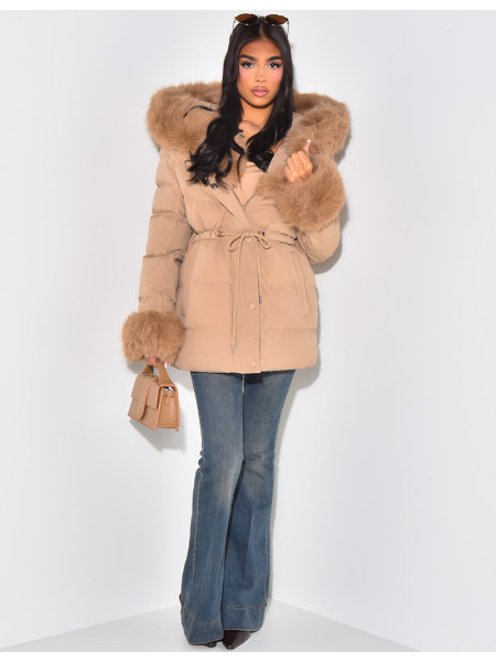 Short down jacket with fur hood