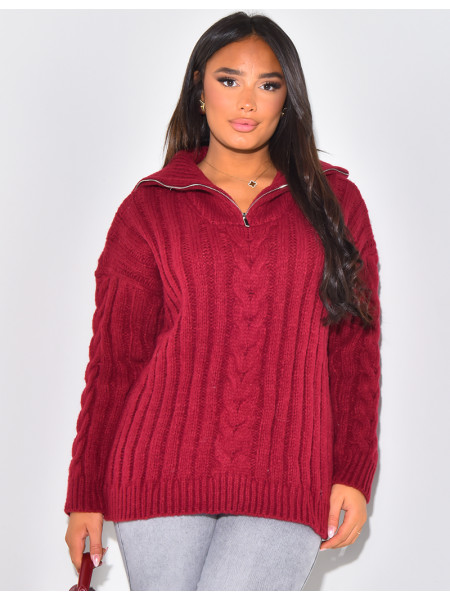 Gros pull en laine tressé à zip au col