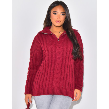 Gros pull en laine tressé à zip au col