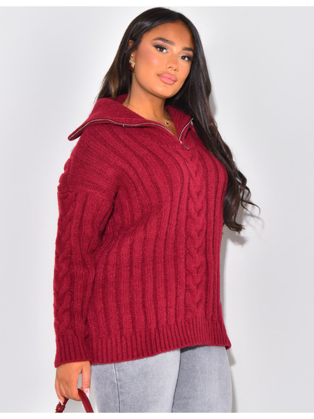 Gros pull en laine tressé à zip au col