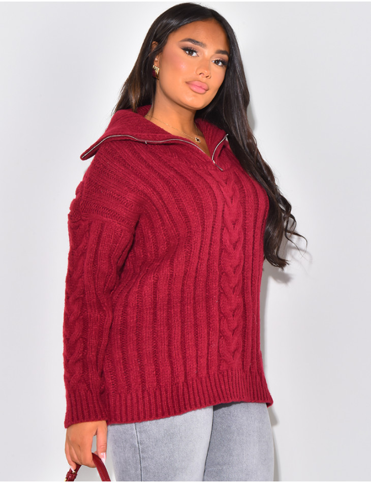 Gros pull en laine tressé à zip au col