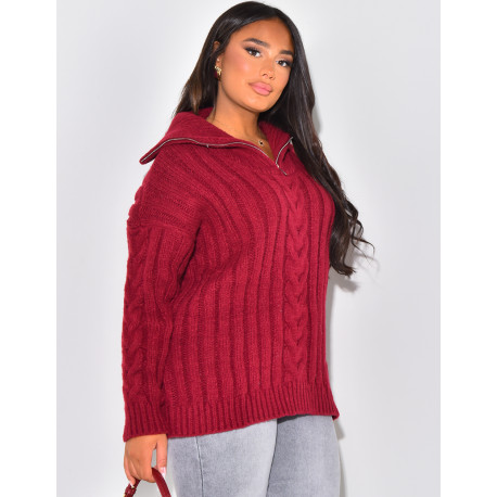 Gros pull en laine tressé à zip au col