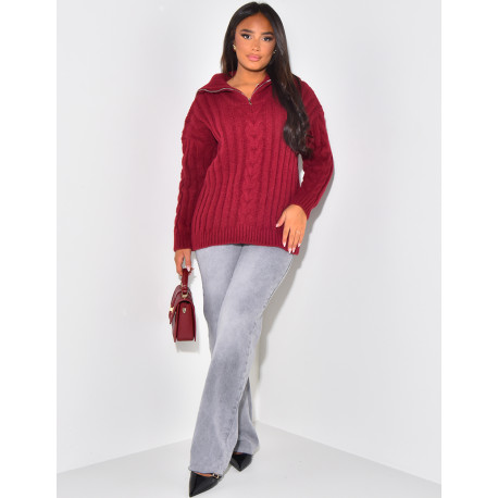 Gros pull en laine tressé à zip au col