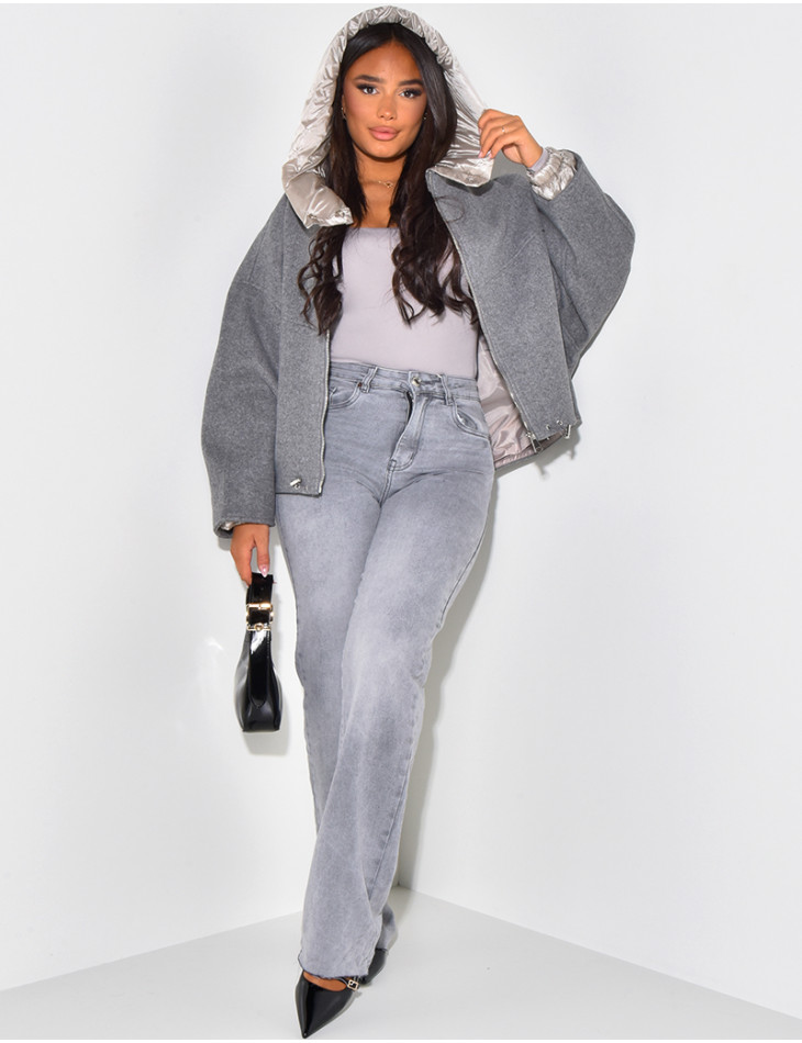 Veste oversize en feutrine à col et capuche matelassé