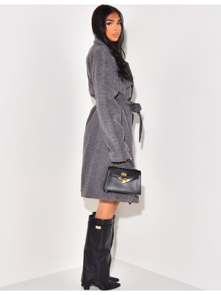 Melierter, halblanger Mantel zum Binden in der Taille.