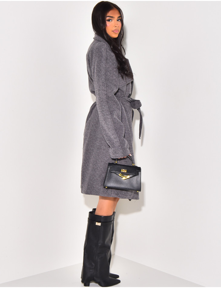 Melierter, halblanger Mantel zum Binden in der Taille.