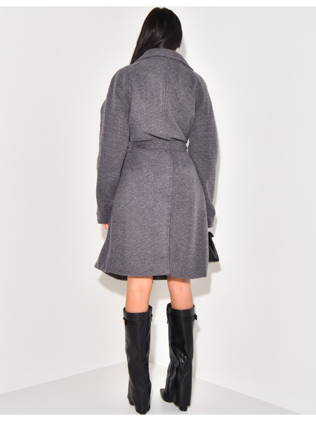 Melierter, halblanger Mantel zum Binden in der Taille.